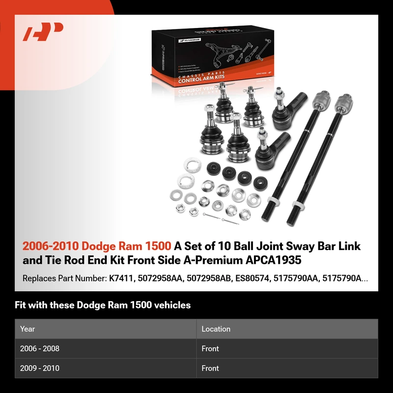 2006-2010 Dodge Ram 1500 A Set of 10 Ball Joint Sway Bar Link and Tie Rod End Kit Front Side A-Premium APCA1935