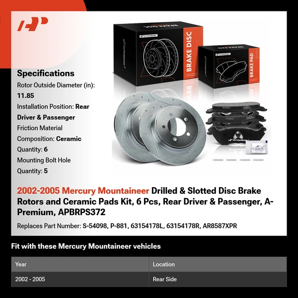 2002-2005 Mercury Mountaineer Drilled & Slotted Disc Brake Rotors and Ceramic Pads Kit, 6 Pcs, Rear Driver & Passenger, A-Premium, APBRPS372