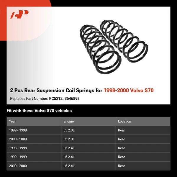2 Pcs Rear Suspension Coil Springs for 1998-2000 Volvo S70