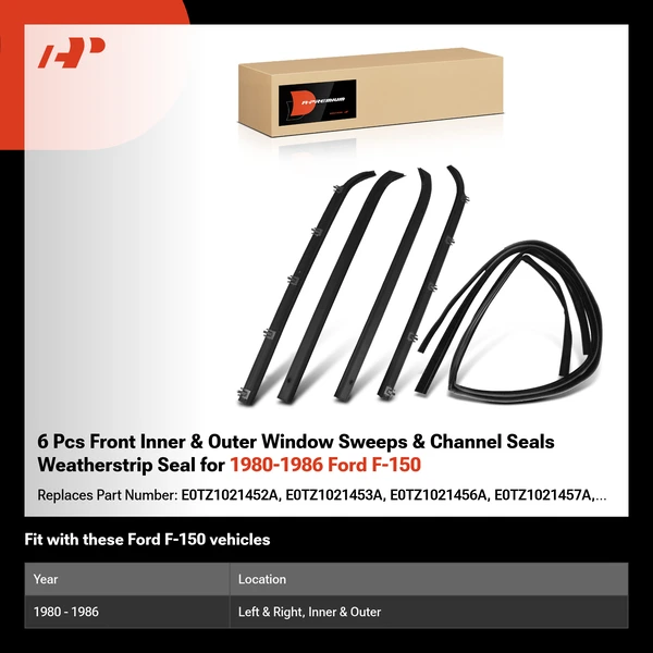 6 Pcs Front Inner & Outer Window Sweeps & Channel Seals Weatherstrip Seal for 1980-1986 Ford F-150