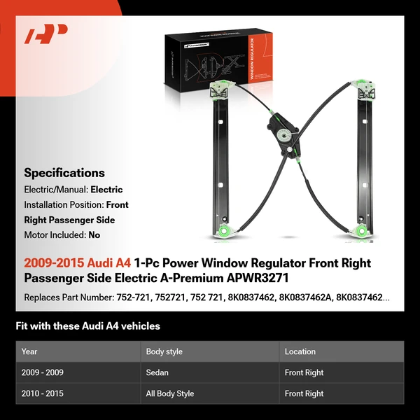 2009-2015 Audi A4 1-Pc Power Window Regulator Front Right Passenger Side Electric A-Premium APWR3271