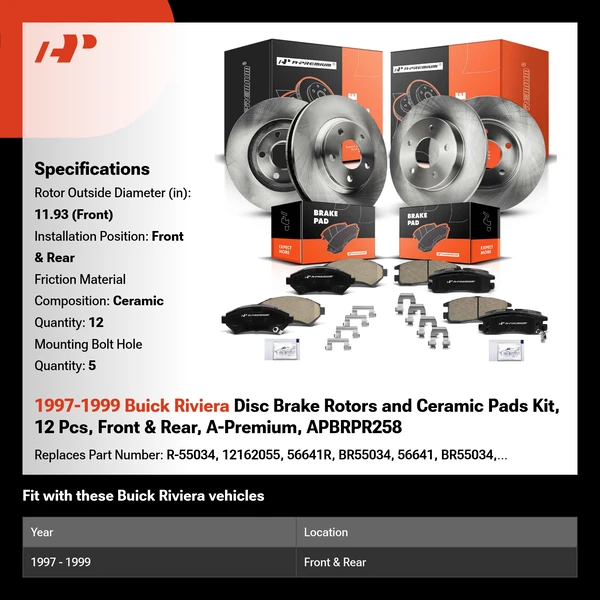 1997-1999 Buick Riviera Disc Brake Rotors and Ceramic Pads Kit, 12 Pcs, Front & Rear, A-Premium, APBRPR258