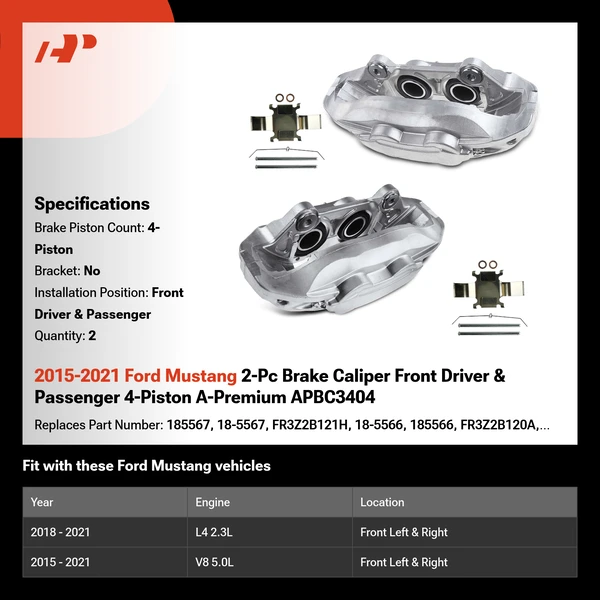 2015-2021 Ford Mustang 2-Pc Brake Caliper Front Driver & Passenger 4-Piston A-Premium APBC3404
