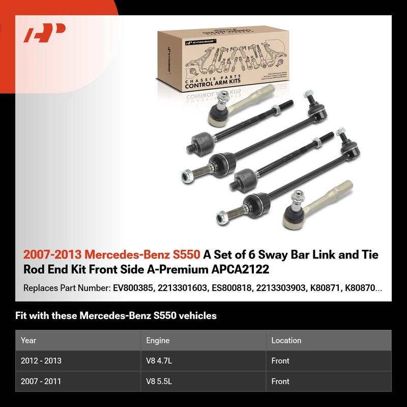 2007-2013 Mercedes-Benz S550 A Set of 6 Sway Bar Link and Tie Rod End Kit Front Side A-Premium APCA2122