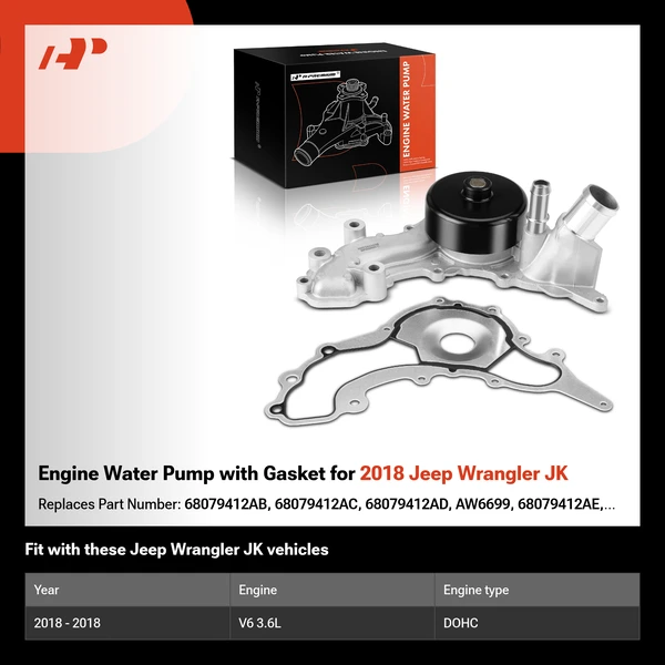 Engine Water Pump with Gasket for 2018 Jeep Wrangler JK