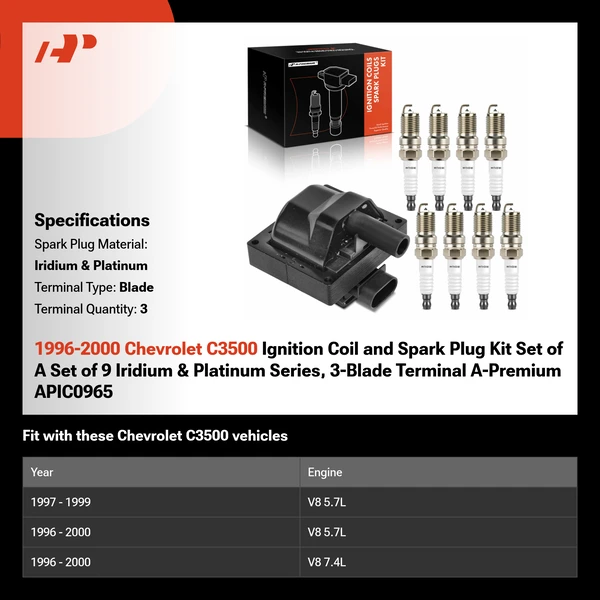 1996-2000 Chevrolet C3500 Ignition Coil and Spark Plug Kit Set of A Set of 9 Iridium & Platinum Series, 3-Blade Terminal A-Premium APIC0965