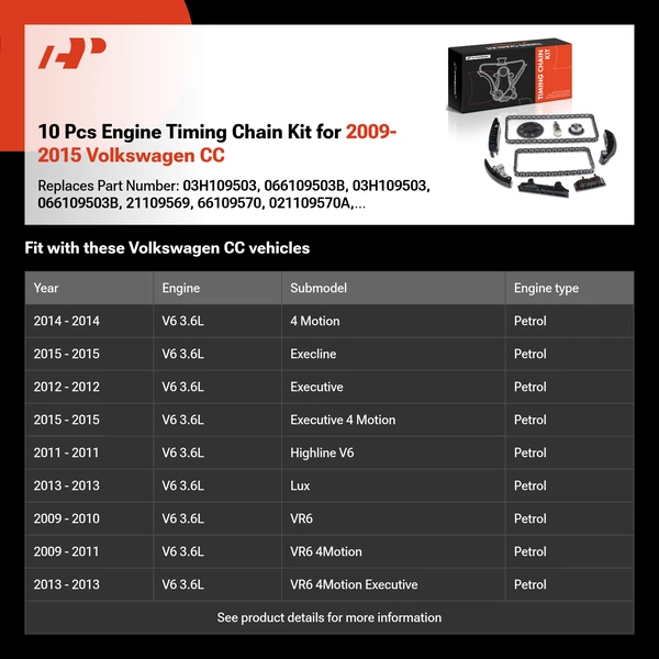 10 Pcs Engine Timing Chain Kit for 2009-2015 Volkswagen CC