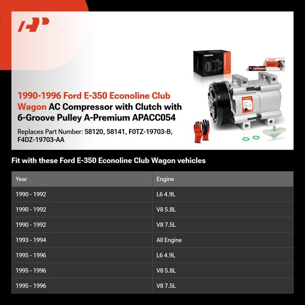 1990-1996 Ford E-350 Econoline Club Wagon AC Compressor with Clutch with 6-Groove Pulley A-Premium APACC054