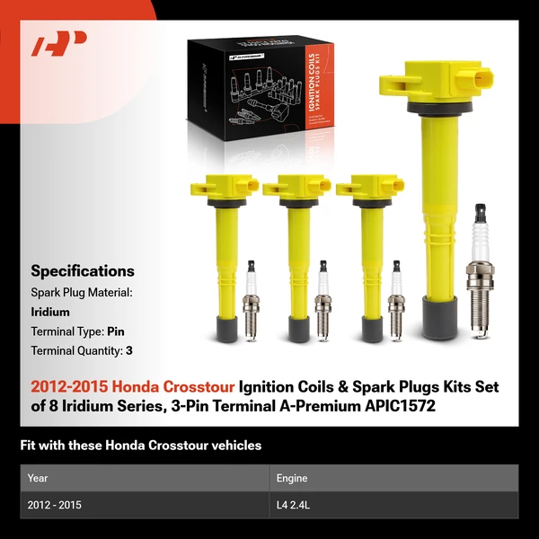 2012-2015 Honda Crosstour Ignition Coils & Spark Plugs Kits Set of 8 Iridium Series, 3-Pin Terminal A-Premium APIC1572