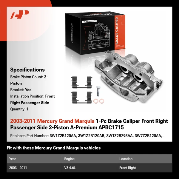 2003-2011 Mercury Grand Marquis 1-Pc Brake Caliper Front Right Passenger Side 2-Piston A-Premium APBC1715