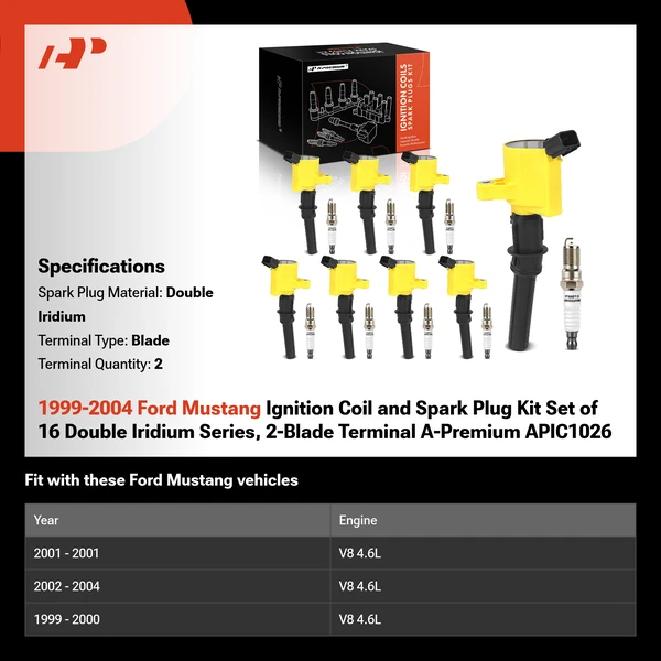 1999-2004 Ford Mustang Ignition Coil and Spark Plug Kit Set of 16 Double Iridium Series, 2-Blade Terminal A-Premium APIC1026