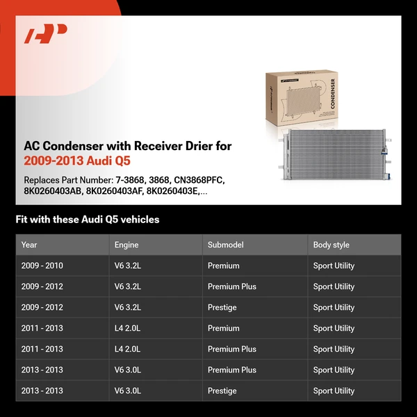 AC Condenser with Receiver Drier for 2009-2013 Audi Q5