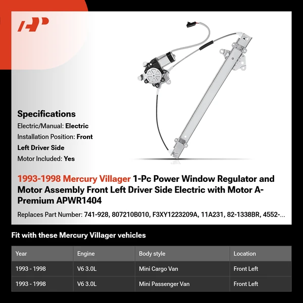 1993-1998 Mercury Villager 1-Pc Power Window Regulator and Motor Assembly Front Left Driver Side Electric with Motor A-Premium APWR1404