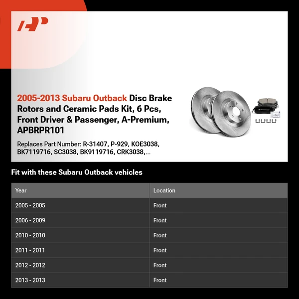 2005-2013 Subaru Outback Disc Brake Rotors and Ceramic Pads Kit, 6 Pcs, Front Driver & Passenger, A-Premium, APBRPR101
