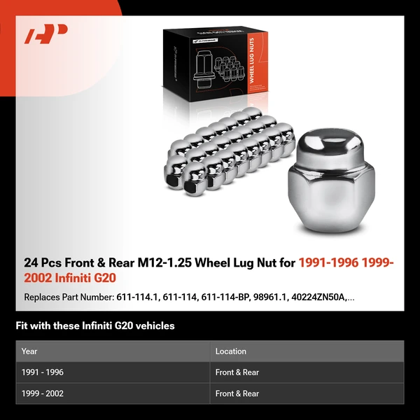 24 Pcs Front & Rear M12-1.25 Wheel Lug Nut for 1991-1996 1999-2002 Infiniti G20