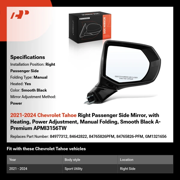 2021-2024 Chevrolet Tahoe Right Passenger Side Mirror, with Heating, Power Adjustment, Manual Folding, Smooth Black A-Premium APMI3156TW