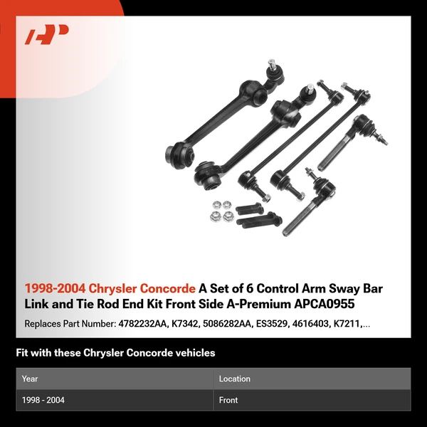 1998-2004 Chrysler Concorde A Set of 6 Control Arm Sway Bar Link and Tie Rod End Kit Front Side A-Premium APCA0955