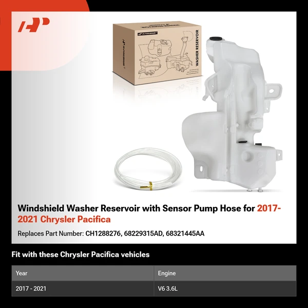 Windshield Washer Reservoir with Sensor Pump Hose for 2017-2021 Chrysler Pacifica