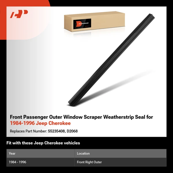 Front Passenger Outer Window Scraper Weatherstrip Seal for 1984-1996 Jeep Cherokee