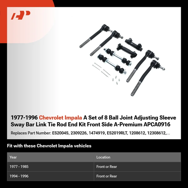 1977-1996 Chevrolet Impala A Set of 8 Ball Joint Adjusting Sleeve Sway Bar Link Tie Rod End Kit Front Side A-Premium APCA0916