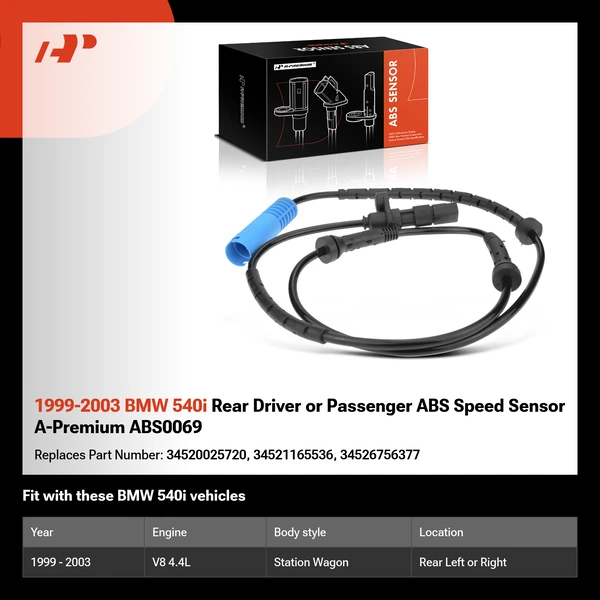 1999-2003 BMW 540i Rear Driver or Passenger ABS Speed Sensor A-Premium ABS0069