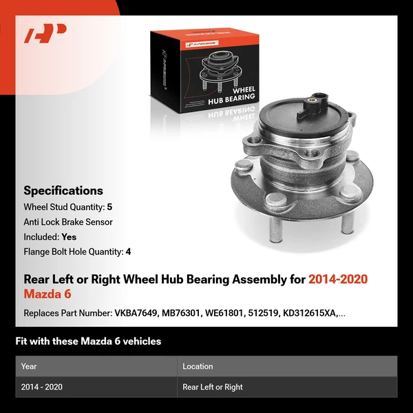 Rear Left or Right Wheel Hub Bearing Assembly for 2014-2020 Mazda 6