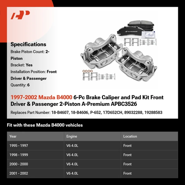 1997-2002 Mazda B4000 6-Pc Brake Caliper and Pad Kit Front Driver & Passenger 2-Piston A-Premium APBC3526