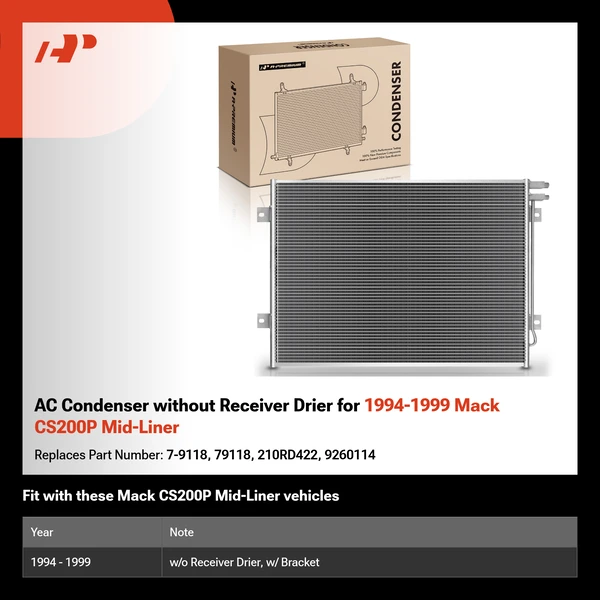 AC Condenser without Receiver Drier for 1994-1999 Mack CS200P Mid-Liner