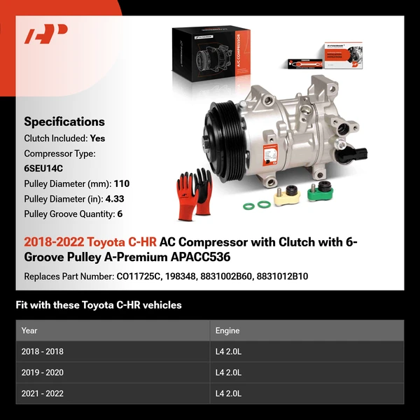 2018-2022 Toyota C-HR AC Compressor with Clutch with 6-Groove Pulley A-Premium APACC536