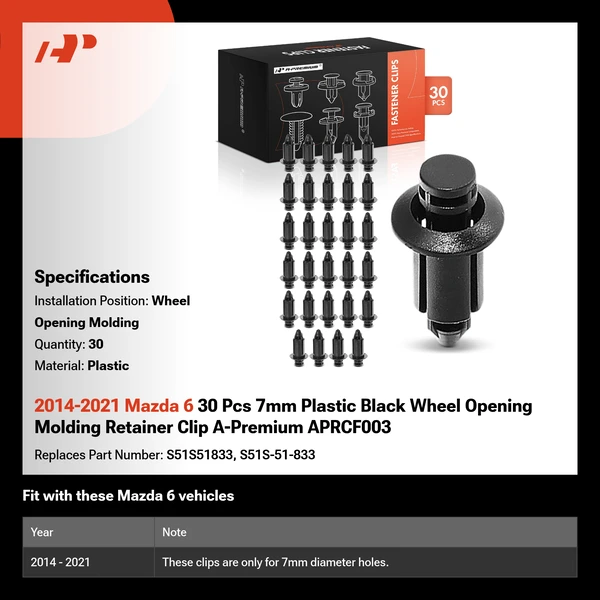2014-2021 Mazda 6 30 Pcs 7mm Plastic Black Wheel Opening Molding Retainer Clip A-Premium APRCF003