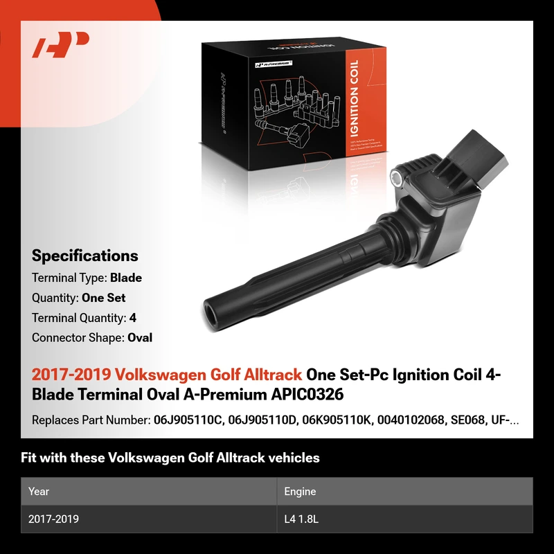2017-2019 Volkswagen Golf Alltrack One Set-Pc Ignition Coil 4-Blade Terminal Oval A-Premium APIC0326