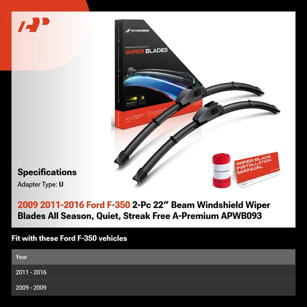 2009 2011-2016 Ford F-350 2-Pc 22″ Beam Windshield Wiper Blades All Season, Quiet, Streak Free A-Premium APWB093