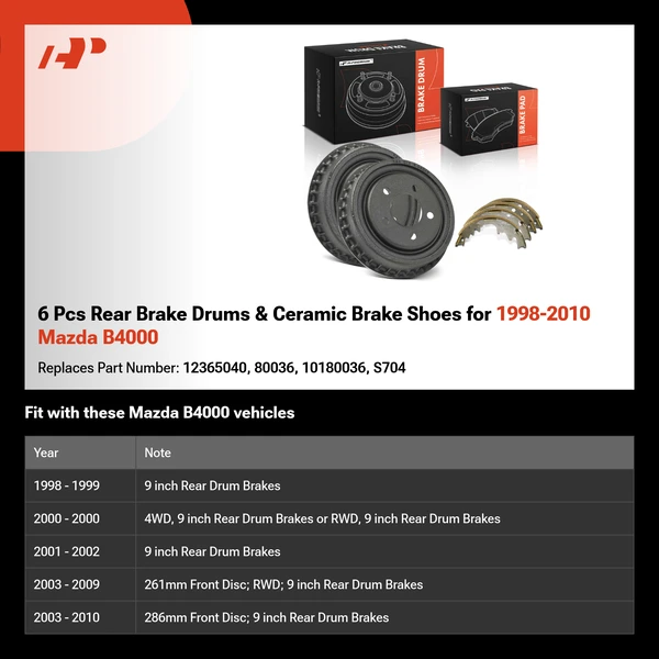 6 Pcs Rear Brake Drums & Ceramic Brake Shoes for 1998-2010 Mazda B4000