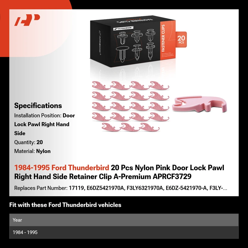 1984-1995 Ford Thunderbird 20 Pcs Nylon Pink Door Lock Pawl Right Hand Side Retainer Clip A-Premium APRCF3729