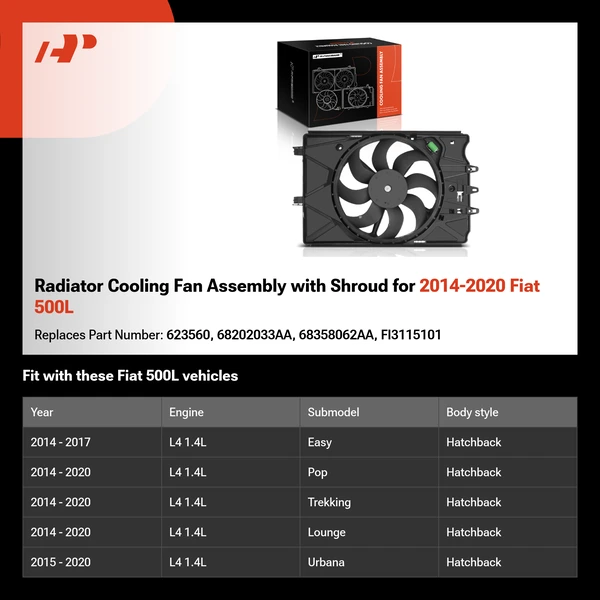 Radiator Cooling Fan Assembly with Shroud for 2014-2020 Fiat 500L