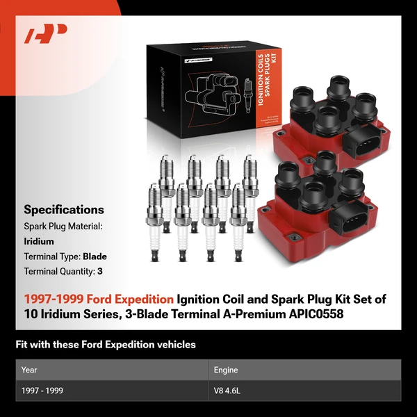 1997-1999 Ford Expedition Ignition Coil and Spark Plug Kit Set of 10 Iridium Series, 3-Blade Terminal A-Premium APIC0558