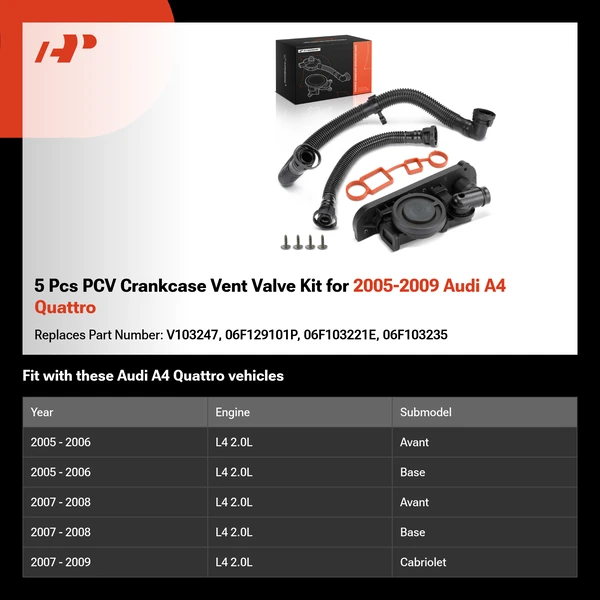 5 Pcs PCV Crankcase Vent Valve Kit for 2005-2009 Audi A4 Quattro