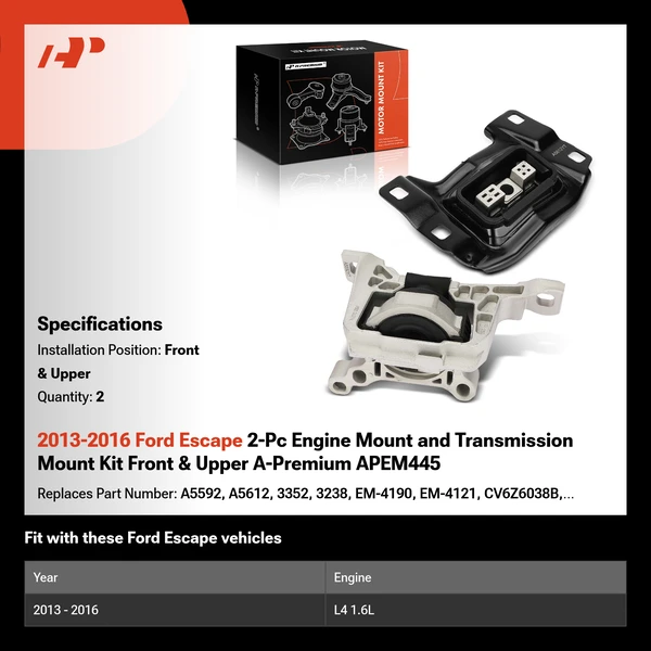 2013-2016 Ford Escape 2-Pc Engine Mount and Transmission Mount Kit Front & Upper A-Premium APEM445
