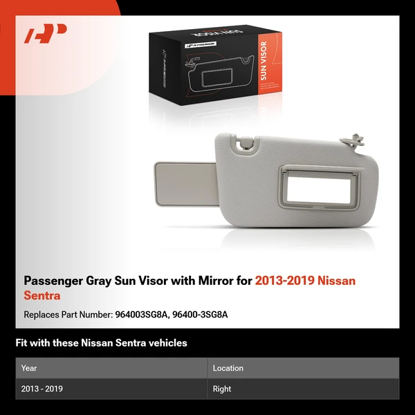 Passenger Gray Sun Visor with Mirror for 2013-2019 Nissan Sentra