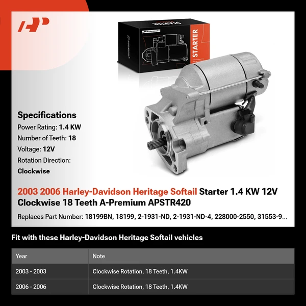 2003 2006 Harley-Davidson Heritage Softail Starter 1.4 KW 12V Clockwise 18 Teeth A-Premium APSTR420