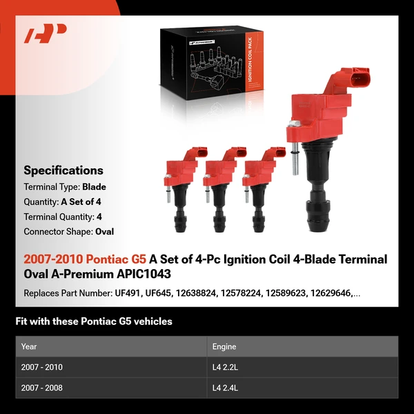 2007-2010 Pontiac G5 A Set of 4-Pc Ignition Coil 4-Blade Terminal Oval A-Premium APIC1043