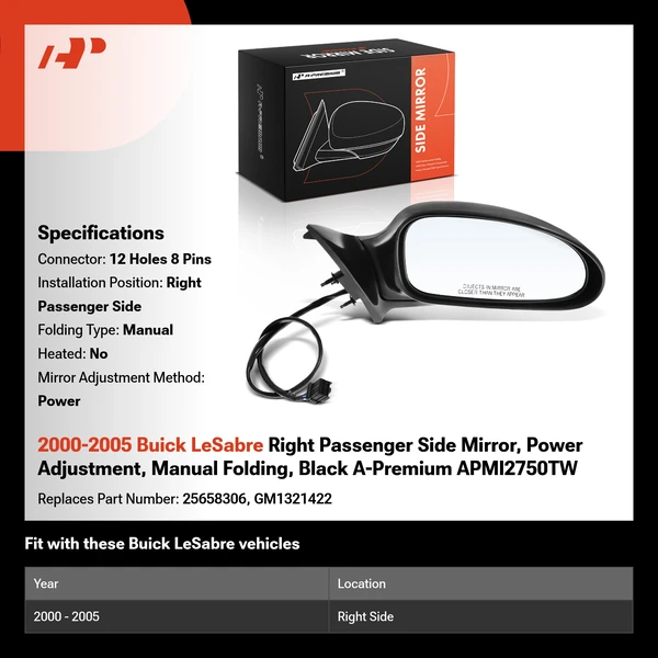 2000-2005 Buick LeSabre Right Passenger Side Mirror, Power Adjustment, Manual Folding, Black A-Premium APMI2750TW