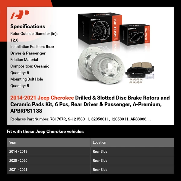 2014-2021 Jeep Cherokee Drilled & Slotted Disc Brake Rotors and Ceramic Pads Kit, 6 Pcs, Rear Driver & Passenger, A-Premium, APBRPS1138