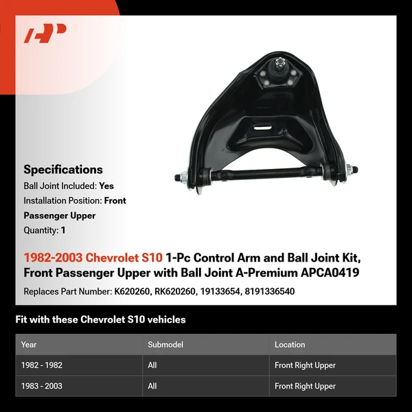 1982-2003 Chevrolet S10 1-Pc Control Arm and Ball Joint Kit, Front Passenger Upper with Ball Joint A-Premium APCA0419