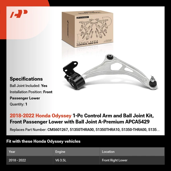 2018-2022 Honda Odyssey 1-Pc Control Arm and Ball Joint Kit, Front Passenger Lower with Ball Joint A-Premium APCA5429