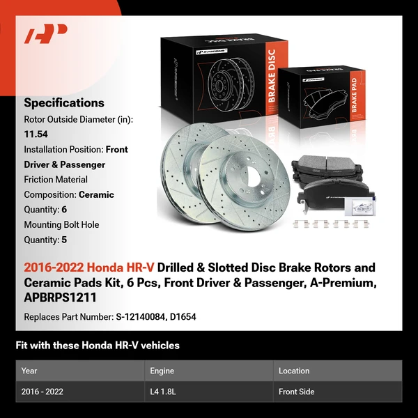 2016-2022 Honda HR-V Drilled & Slotted Disc Brake Rotors and Ceramic Pads Kit, 6 Pcs, Front Driver & Passenger, A-Premium, APBRPS1211