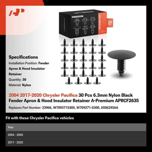2004 2017-2020 Chrysler Pacifica 30 Pcs 6.3mm Nylon Black Fender Apron & Hood Insulator Retainer A-Premium APRCF2635