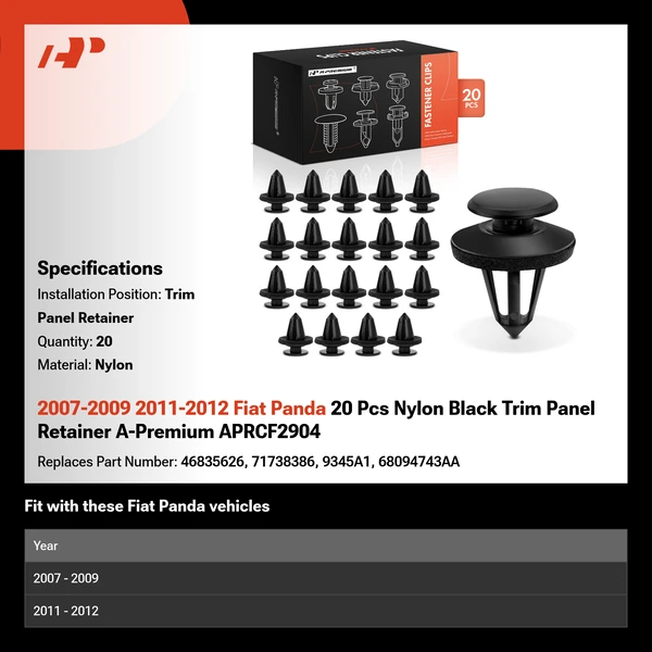 2007-2009 2011-2012 Fiat Panda 20 Pcs Nylon Black Trim Panel Retainer A-Premium APRCF2904
