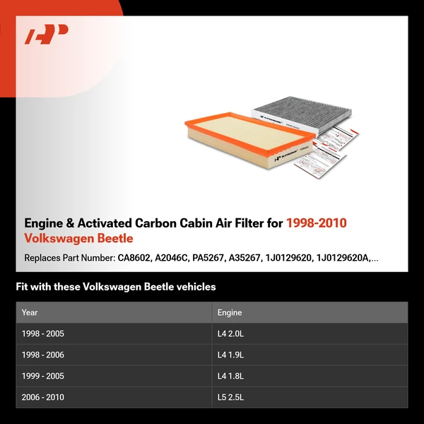 Engine & Activated Carbon Cabin Air Filter for 1998-2010 Volkswagen Beetle