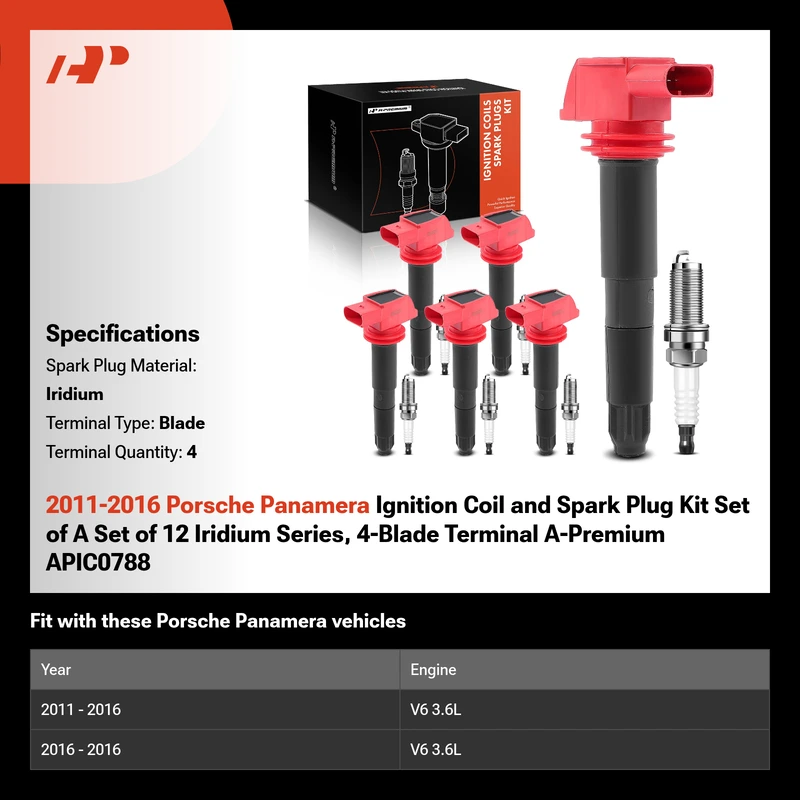 2011-2016 Porsche Panamera Ignition Coil and Spark Plug Kit Set of A Set of 12 Iridium Series, 4-Blade Terminal A-Premium APIC0788